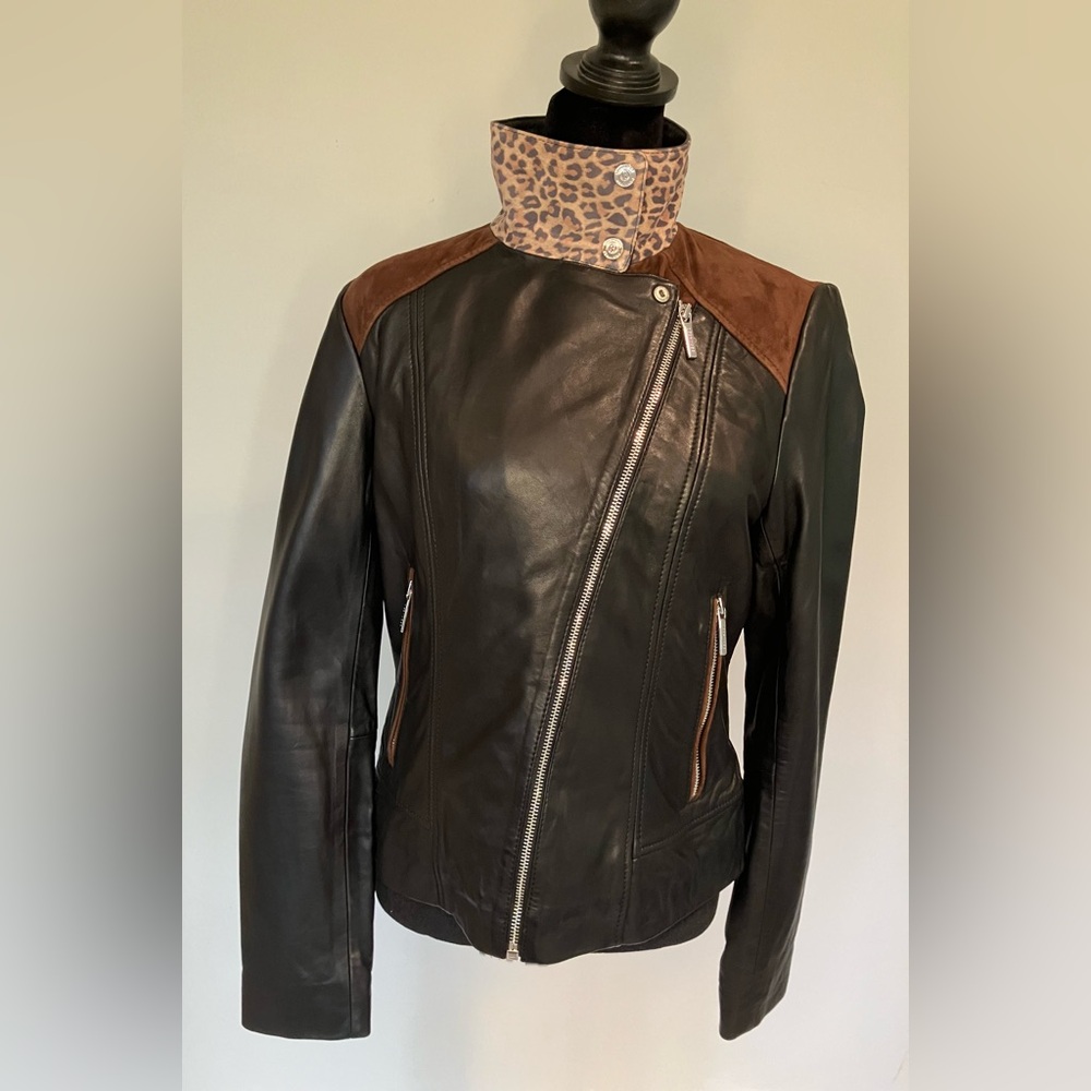 Bernardo Mixed Media Leather Moto Jacket Size 6 Women’s